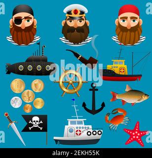 Pirate, sea captain and fisherman. Portraits of people of sea professions, their ships and things. Set of objects nautical theme. Vector Stock Vector