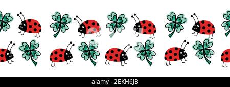 Seamless ladybug and four leaf clover vector border. Flat red Ladybugs and clover leaves on white horizontal repeating pattern. Cute good luck charms Stock Vector
