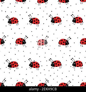 Ladybugs seamless vector pattern. Flat red Ladybugs on white repeating background with black spots. Cute summer bug animal kids design. Good for print Stock Vector