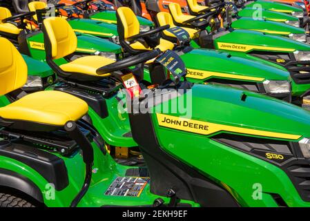 John Deere tractors on display at Lowe's home improvement store in Snellville, Georgia. (USA) Stock Photo