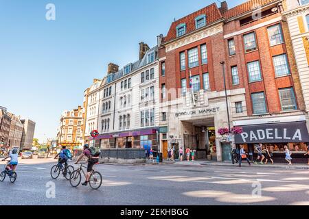 London, UK - June 26, 2018: City downtown during sunny summer day in Southwark near London Bridge and sign for Borough Market wide angle view Stock Photo