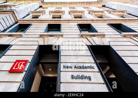 London, UK - June 26, 2018: London School of Economics sign for new academic building and LSE red logo Stock Photo