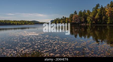 A wide angle photo looking over a quiet lake in Bar Harbor Maine in Autumn. Stock Photo