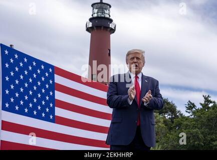 Sept 8, 2020; West Palm Beach, FL, USA; President Donald Trump walks on stage at an event at the Jupiter Inlet Lighthouse & Museum in Jupiter, Florida on Tuesday, Sept. 8, 2020. Trump announced an extenstion on a moratorium on offshore oil drilling along Florida's Gulf Coast. Mandatory credit: Greg Lovett/palmbeachpost.com/Sipa USA