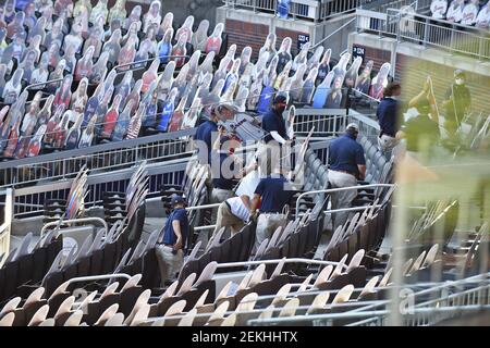 September 07, 2020: Empty seats without fans occupy an empty Truist Park  during a MLB game between the Marlins and Braves at Truist Park in Atlanta,  GA. Austin McAfee/(Photo by Austin Mcafee/CSM/Sipa