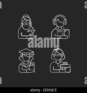 Age and gender differences chalk white icons set on black background Stock Vector