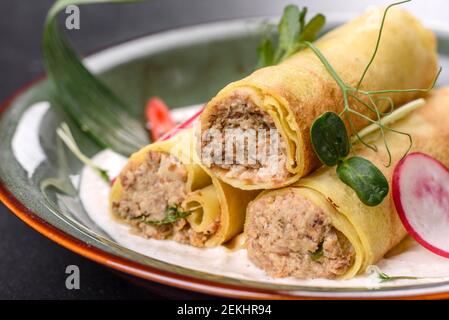 Delicious fresh pancakes with meat on a plate with greens and radishes. Delicious hearty breakfast Stock Photo
