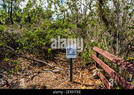 Big Pine Key, USA - May 1, 2018: Florida Keys island with trees damaged by wind after hurricane Irma with sign Area beyond is closed Stock Photo