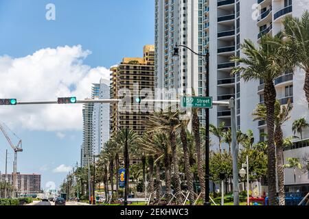 Sunny Isles Beach, USA - May 8, 2018: Rows of palm trees by roadside near Trump Towers condominium condo apartment complex buildings in Miami, Florida Stock Photo