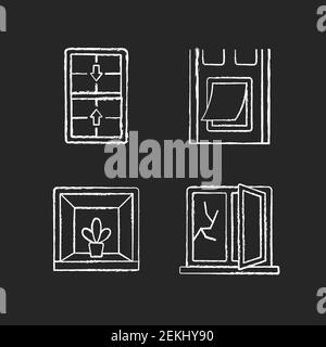 Installing windows and doors chalk white icons set on black background Stock Vector