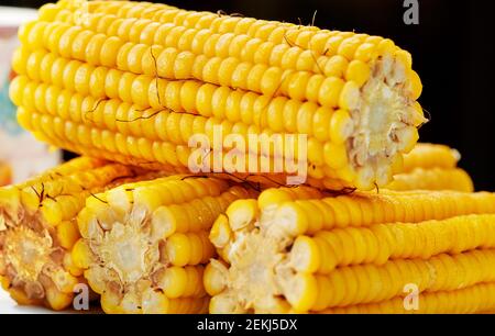 heads of boiled corn shot close-up in backlight Stock Photo