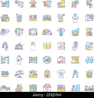 Decluttering and tidying in house RGB color icons set Stock Vector