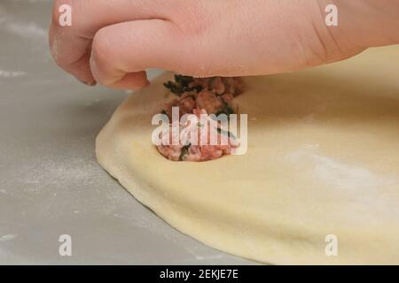 Cooking homemade dumplings. Spread minced meat with spinach on rolled thin dough. Close-up, selective focus. Stock Photo