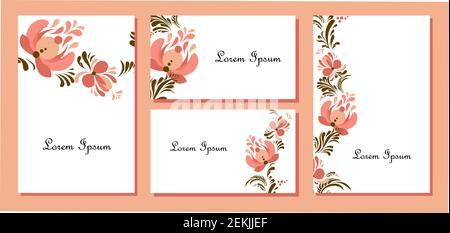 Floral design for wedding invitation card template, flowers in folk style. Template design with detailed, vector, decorative stylized spring flowers Stock Vector