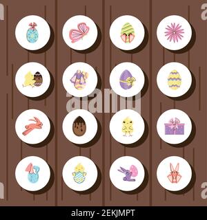 set happy easter rabbit eggs flower basket round icons wood background vector illustration Stock Vector