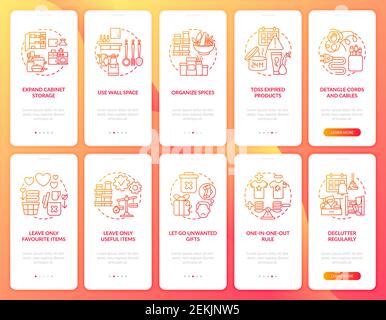 Expand cabinets storage space onboarding mobile app page screen with concepts set Stock Vector