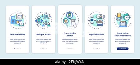Online library benefits onboarding mobile app page screen with concepts Stock Vector