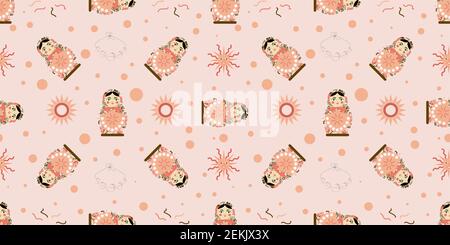 Seamless pattern with nesting dolls. Russian national doll. Wooden toy. The symbol of Russia. Vector illustration Stock Vector