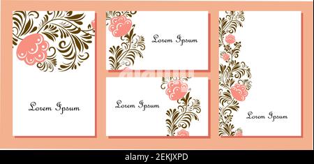 Floral design for wedding invitation card template, flowers in folk style. Template design with detailed, vector, decorative stylized spring flowers Stock Vector