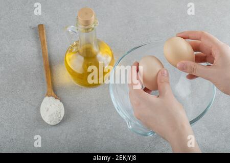 An empty glass plate with fresh chicken fresh eggs Stock Photo