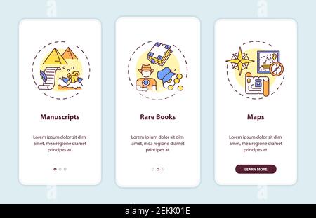 Archive collections onboarding mobile app page screen with concepts Stock Vector