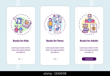 Online library categories onboarding mobile app page screen with concepts Stock Vector