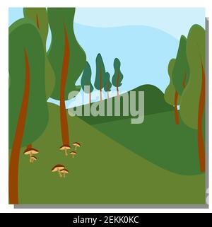 Spring vector landscape. Landscape with mountains and trees. Mushrooms in the forest. Hills. Blue summer sky. Vector illustration Stock Vector