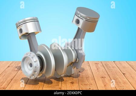 Engine pistons on the wooden planks, 3D rendering Stock Photo