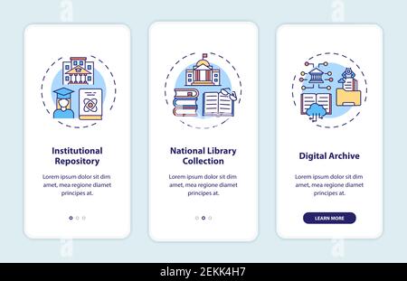 Types of digital libraries onboarding mobile app page screen with concepts Stock Vector
