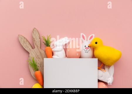 Blank easter greeting card with easter bunny and egg decorations Stock Photo