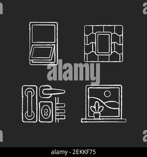 Windows replacement service chalk white icons set on black background Stock Vector