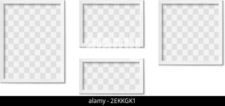 White picture frames. Empty gray simple image square border with shadow on gallery wall. Isolated photo framing design vector realistic 3D template Stock Vector
