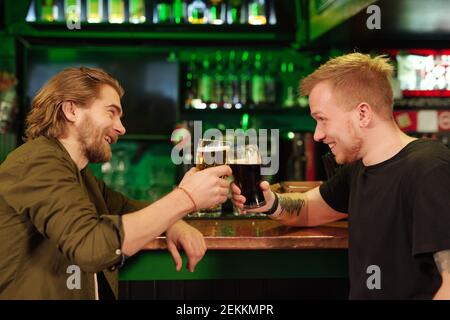 Young man sitting at bar counter and drinking beer together with his friend Stock Photo
