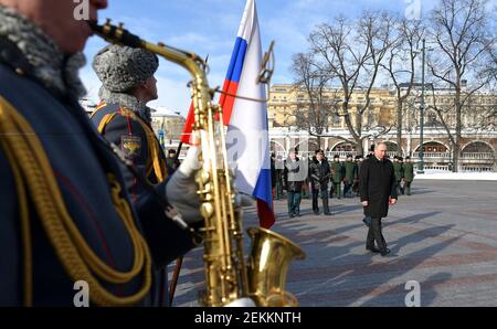 Moscow, Russia. 23rd Feb, 2021. Russian President Vladimir Putin during a ceremony marking Defender of the Fatherland Day at the Tomb of the Unknown Soldier in Alexander Garden at the Kremlin February 23, 2021 in Moscow, Russia. Credit: Planetpix/Alamy Live News Stock Photo