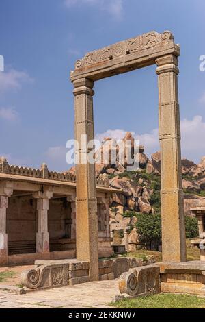 Chitradurga, Karnataka, India - November 10, 2013: Fort or Elusuttina Kote. Closeup of entry arch to Sampige Siddeshwara Temple ruinous buildings unde Stock Photo