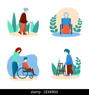 Disabled elderly people set in flat style. Senior people walking with cane, using walker and wheelchair. Vector illustration. Stock Vector