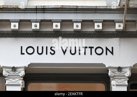 French luxury brand Louis Vuitton banner seen outside its retail store in  the Soho neighborhood of New York, NY, February 23, 2021. British and  Italian Fashion Week shows are underway in Europe