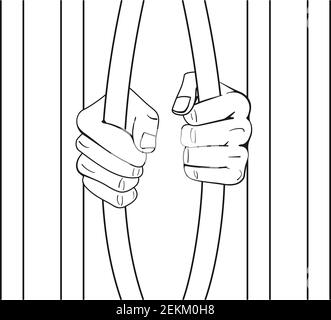 Fists bend prison bars as jail break freedom concept in vector outline Stock Vector