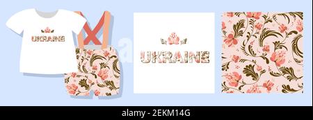 Welcome to the Ukraine. Inscription. Folk style. Ornament in the Ukrainian style. Vector illustration Stock Vector