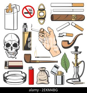 Smoking symbols, isolated harmful habit accessories. Vector tobacco icons, cigarettes pack and cigar, hookah or shisha. Vape and pipe, matches and lig Stock Vector