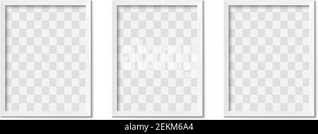 White photo frames. Empty gray simple image square border with shadow on gallery wall. Isolated picture framing design vector realistic 3D mockup Stock Vector