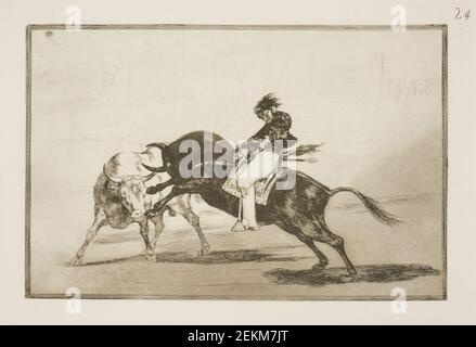 Francisco de Goya (1746-1828), the same Ceballos, sitting on the back of another bull, braying short spears in the arena in Madrid, 1815-1816 Stock Photo