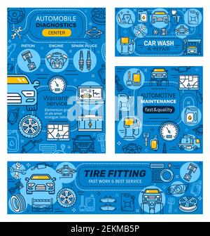 Diagnostic center, car wash and repair, vehicle maintenance and tire fitting warranty services outline vector design. Vehicles cleaning, engine checki Stock Vector