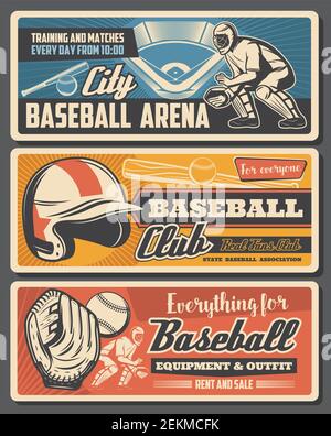 Baseball sport retro vector. Field and player, helmet protective gear, catcher in protection. Glove with ball, invitation on championship or tournamen Stock Vector