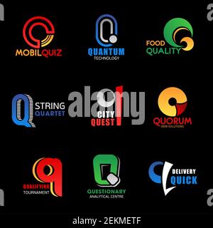 Letter Q icons and signs isolated. Mobil quiz and quantum technology, food quality and string quarter, city quest and quorum solutions. Qualifying tou Stock Vector