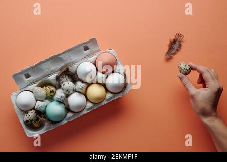 Close-up of chicken and quail eggs in the box painted for Easter holiday Stock Photo