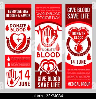 Blood donation donor Day banners for 14 June event of social responsibility and charity action. Vector medical design of heart and blood drop for Worl Stock Vector