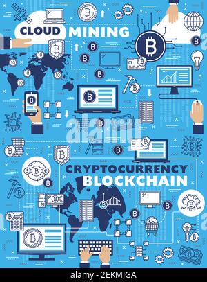 Cloud mining, blockchain and Bitcoin cryptocurrency payments, vector outline symbols. Wallet in smartphone, digital money and cryptocurrency extractio Stock Vector