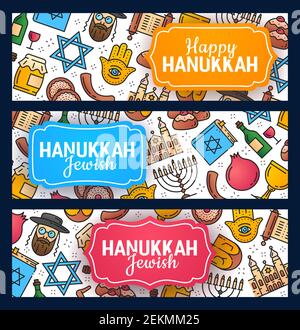 Happy Hanukkah calligraphy greetings and Israel Jewish holiday symbols pattern. Vector Chanukah or Hannukah menorah candle, dreidel and Torah scroll, Stock Vector