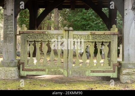 Lych gate entrance to the plot used by the church of St Alban the Martyr, Holborn,  since 1862 at Brookwood Cemetery in Surrey, England, UK Stock Photo